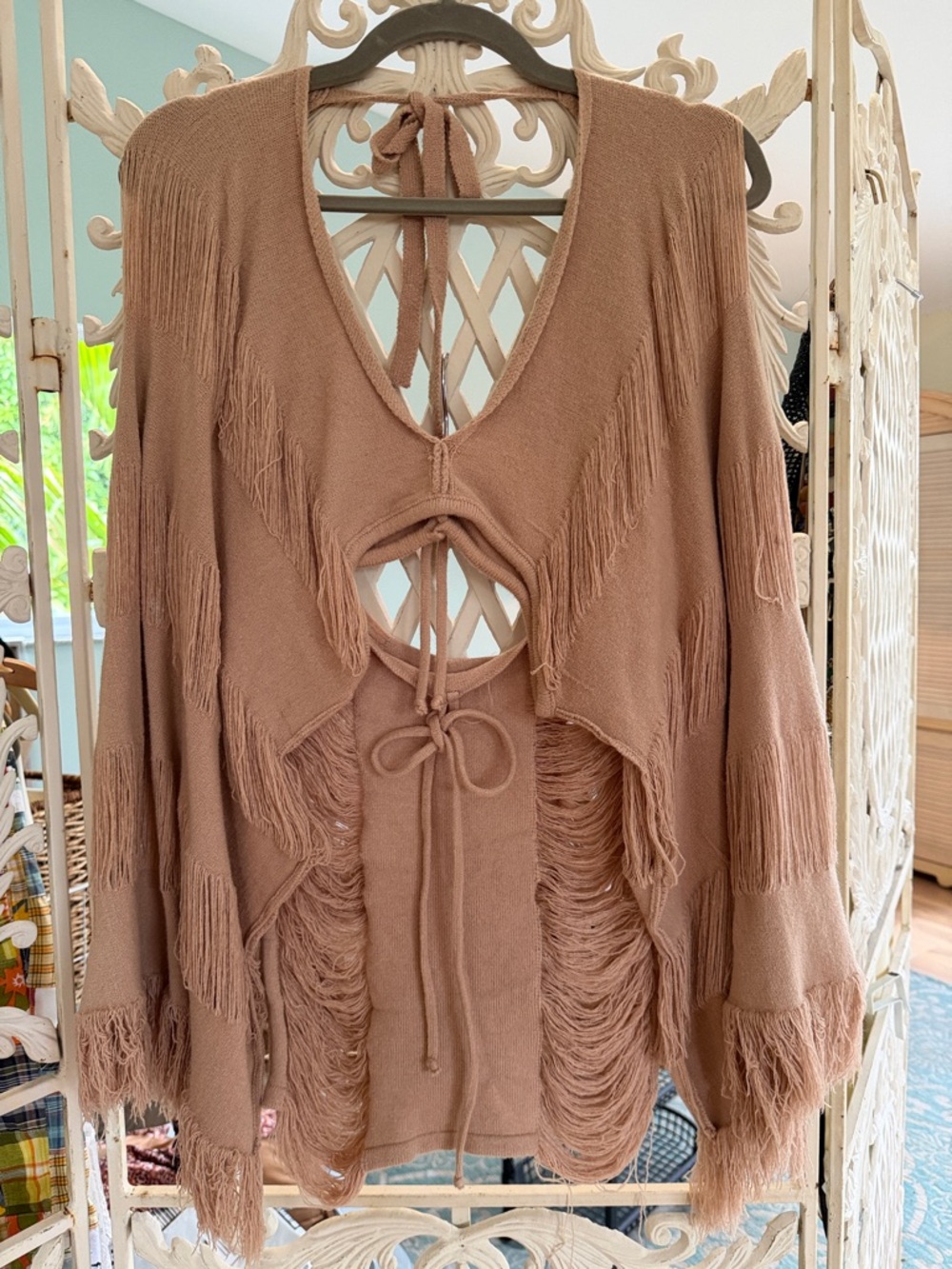 Fringed Tie-Front Mini Skirt w/ cart in Taupe